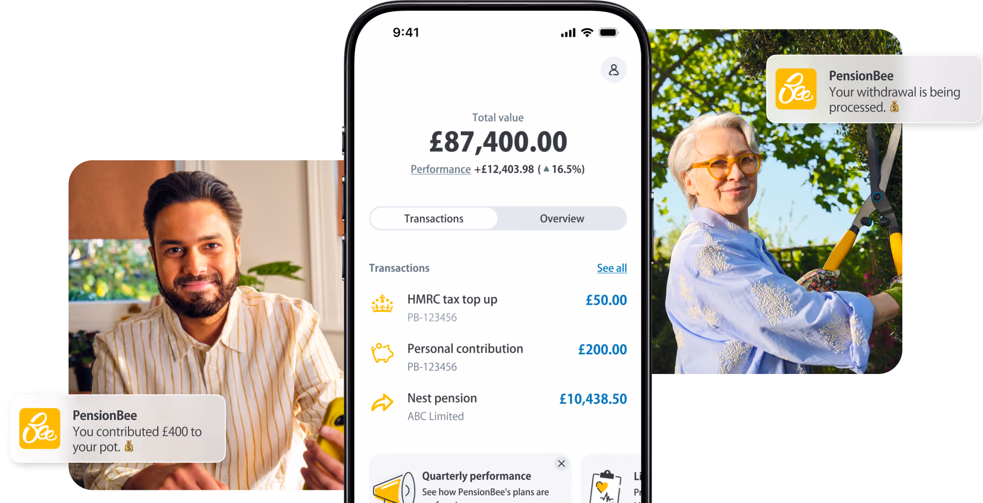 Mobile screen showing pension balance £87,400 with notifications of contributions and withdrawals.