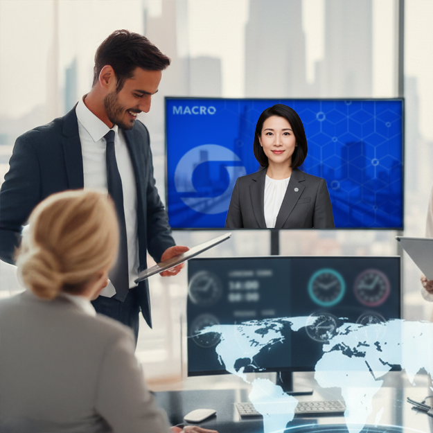Marketing team with remote concierge on a screen.
