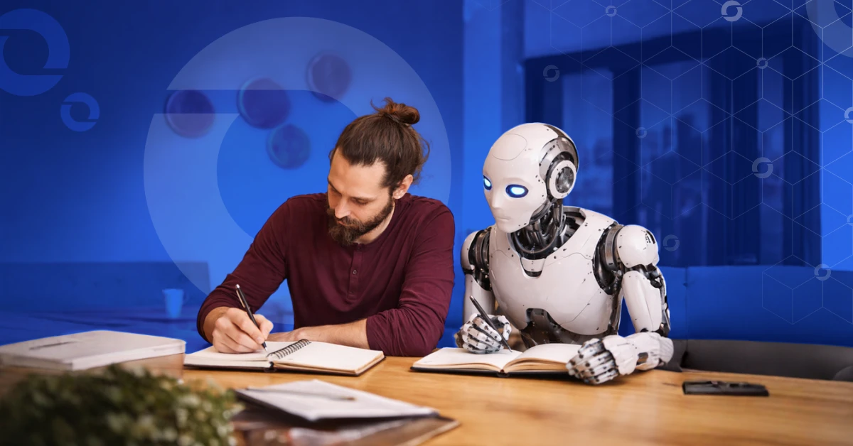 Robot copying a human that is witting on a notebook. It represents the Human High Touch AI cannot replicate.