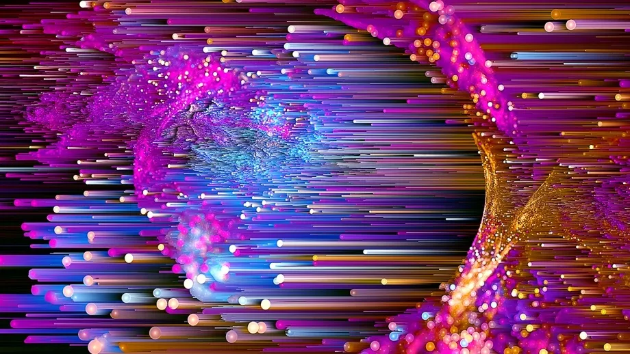 Abstract digital artwork with horizontal streaks and glowing orbs in purple, blue, and orange hues creating a dynamic, cosmic effect.