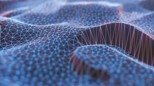 Abstract 3D digital wireframe mesh with blue and pink lines forming a wavy surface.