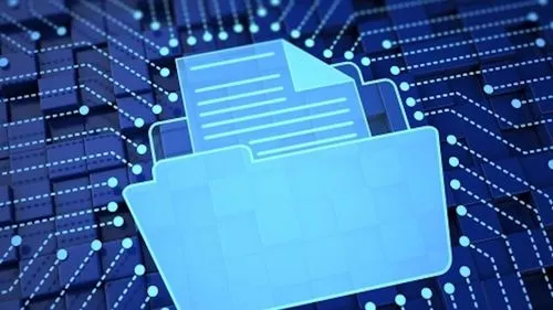 Glowing blue digital folder icon with a document inside, over a dark blue circuit board background representing data storage or transfer.