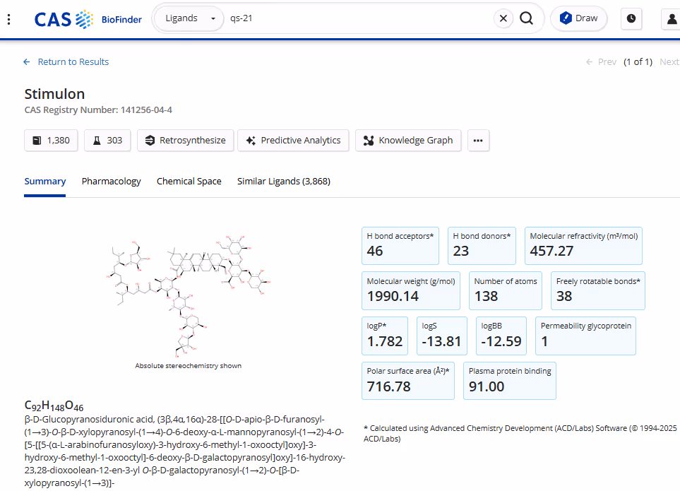 Detail page for QS-21, Stimulon, in CAS BioFinder™