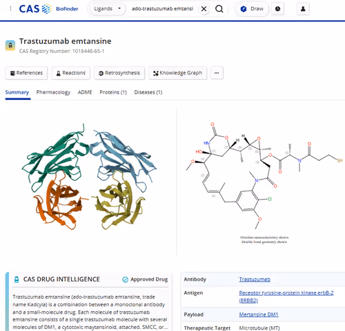 CAS BioFinder detail page for the ADC trastuzumab emtansine 