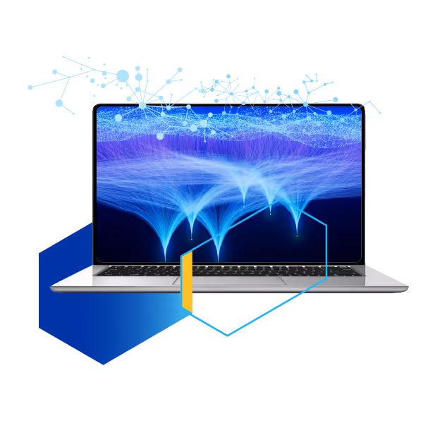 Laptop displaying blue digital wave visualization with modern geometric design elements