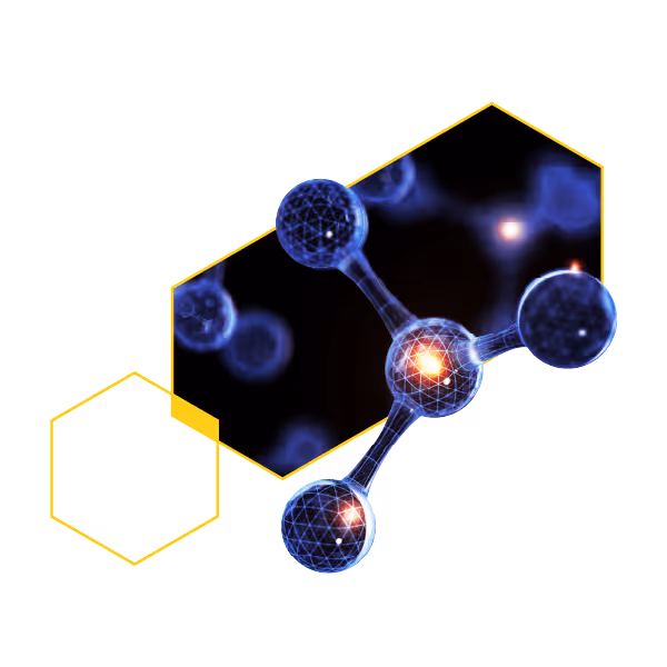3D molecular structure with connected spheres and hexagonal frame representing chemistry or nanotechnology concept