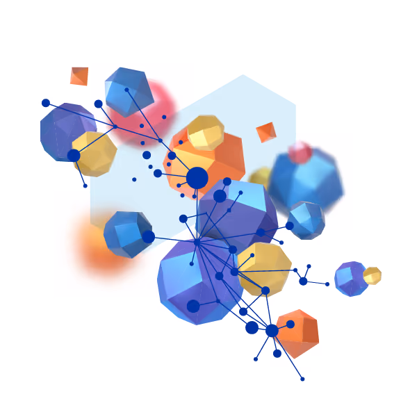 Abstract network visualization with connected 3D geometric shapes and data nodes in blue, orange, and gold