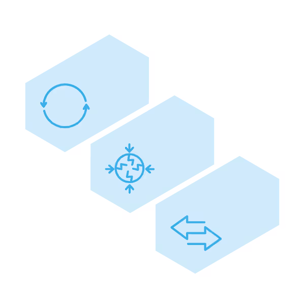 Cloud computing workflow diagram with sync, scaling, and data transfer icons
