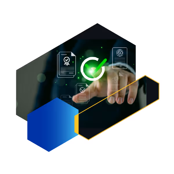 Business hand touching digital quality certification checkmark with ISO compliance icons