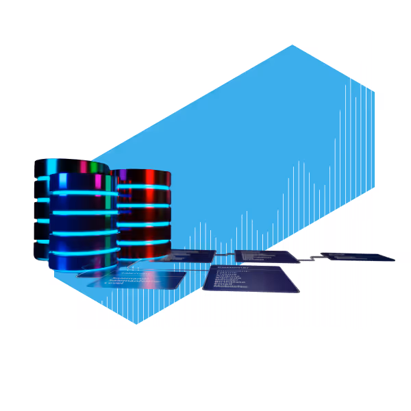 Database servers connected to laptop showing data transfer and cloud storage in hexagonal frame