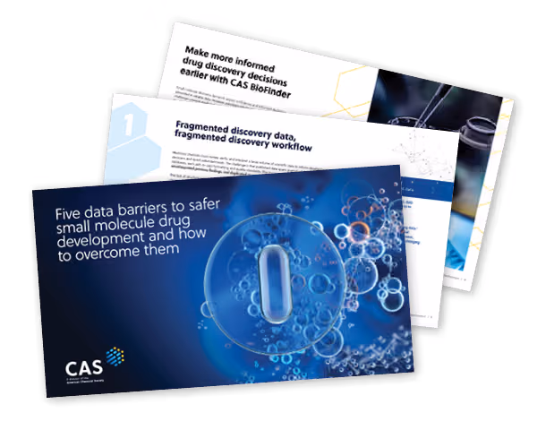 Stack of digital slides titled 'Five data barriers to safer small molecule drug development and how to overcome them' with abstract molecular imagery on a blue background.