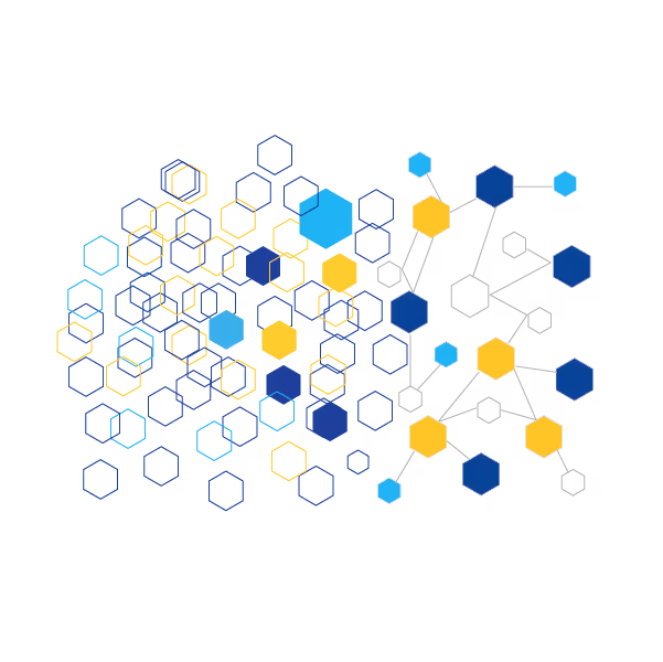 Abstract network of interconnected hexagons in blue, yellow, and gray forming a molecular or data structure pattern.