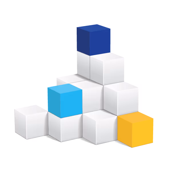 Pyramid of nine white cubes with three colored cubes: blue on top, light blue on the left front, and yellow on the right front.