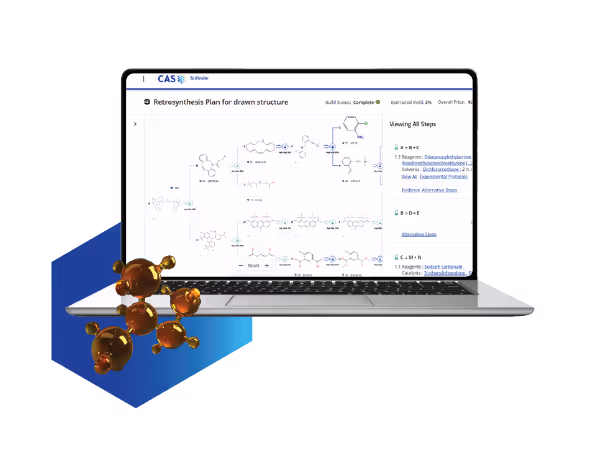 Laptop displaying a chemical retrosynthesis plan interface with molecular structures and reaction steps, accompanied by 3D molecular models on the left side.