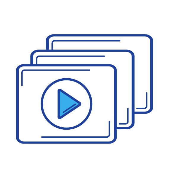 Icon showing three overlapping video player windows with a blue play button in the front window.