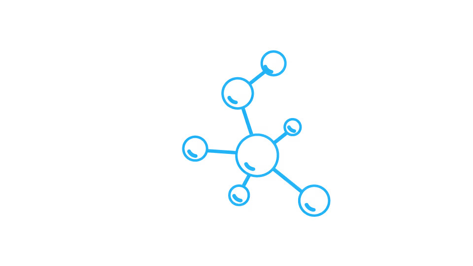 Blue molecular structure illustration with interconnected circles representing atoms and bonds.