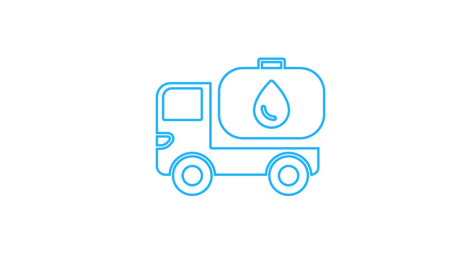 Blue line icon of a tanker truck with a liquid drop symbol on the tank.