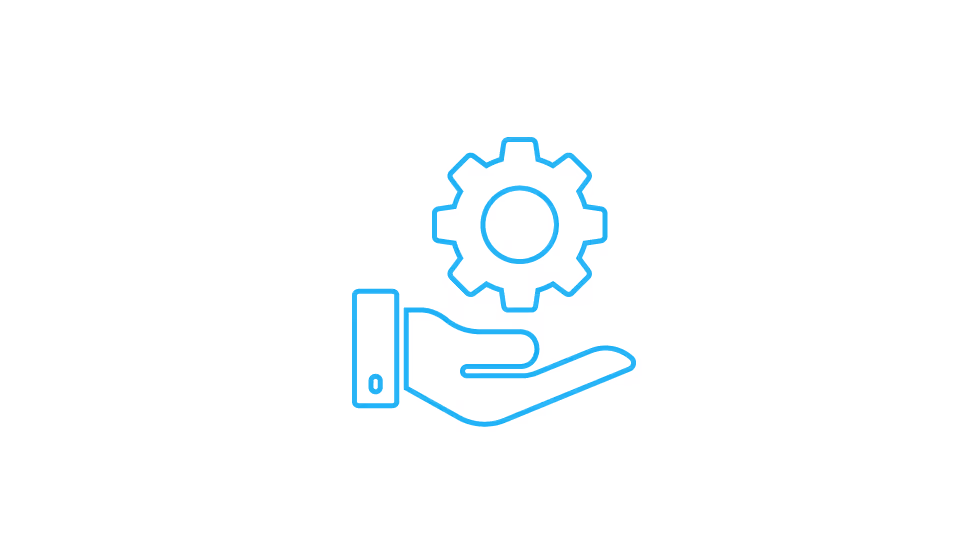 Blue line icon of an open hand holding a gear, symbolizing support or technical service.