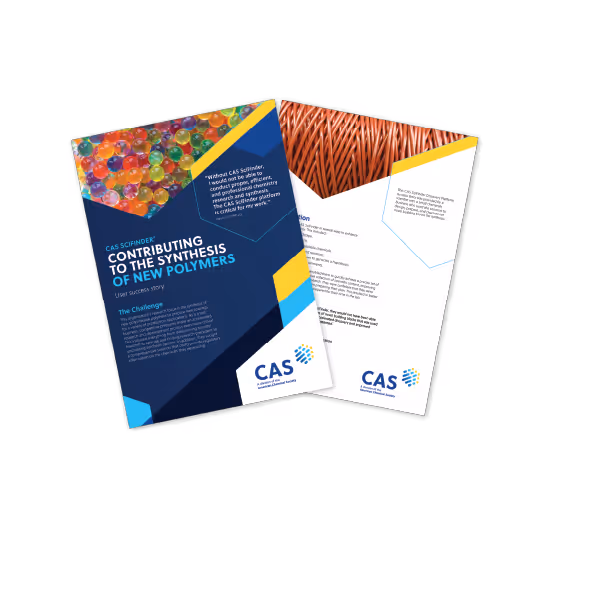 Two CAS-branded informational brochures, one titled 'Contributing to the Synthesis of New Polymers' featuring colorful polymer beads, the other showing a close-up image of copper wire.