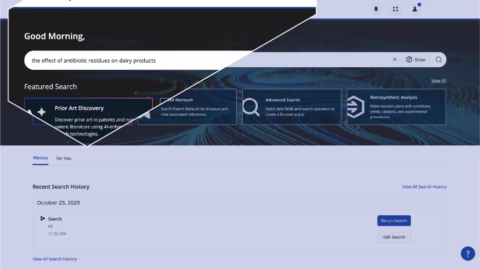 User interface of a search platform showing a search bar with the query 'the effect of antibiotic residues on dairy products,' featuring options for Prior Art Discovery, Patent Markush, Advanced Search, and Retrosynthetic Analysis, along with a recent search history dated October 23, 2025.