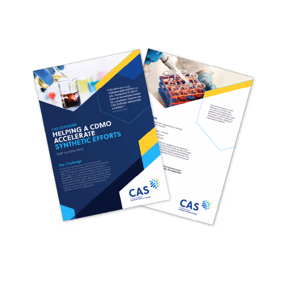 Two-page brochure with a scientific theme, featuring a beaker with liquid on the front page and test tubes filled with red liquid on the back page, branded by CAS.