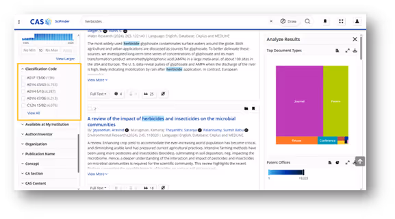 Screenshot of a scientific database search interface showing search results for 'herbicides' with filter options and a document types bar chart.