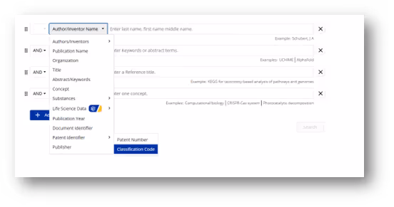 Search filter interface with dropdown menu showing options like Author/Inventor Name, Publication Name, Organization, Title, Abstract/Keywords, Concept, Substances, Life Science Data, and others.