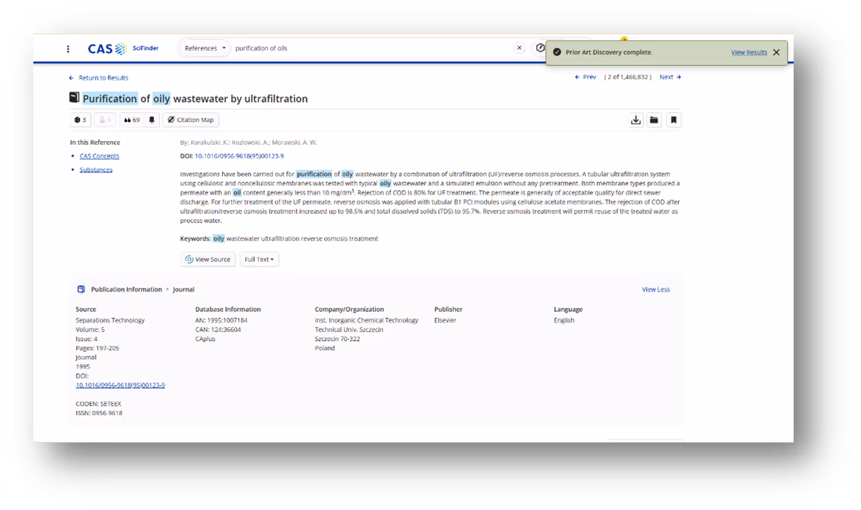 CAS SciFinder search result displaying a journal article titled 'Purification of oily wastewater by ultrafiltration' with authors, DOI link, keywords, and publication information from Separations Technology journal, 1995.