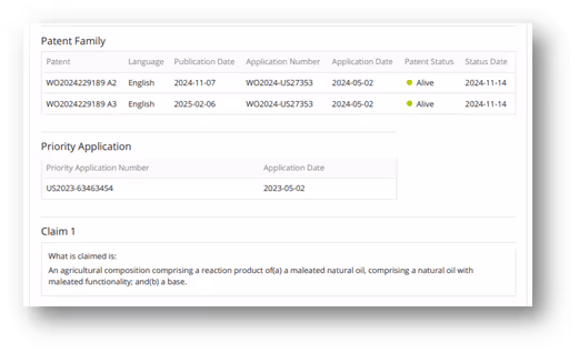 Table showing patent family details including patent numbers, language, publication and application dates, status as alive, and a priority application number dated 2023-05-02, along with a claim describing an agricultural composition with natural oil and base.