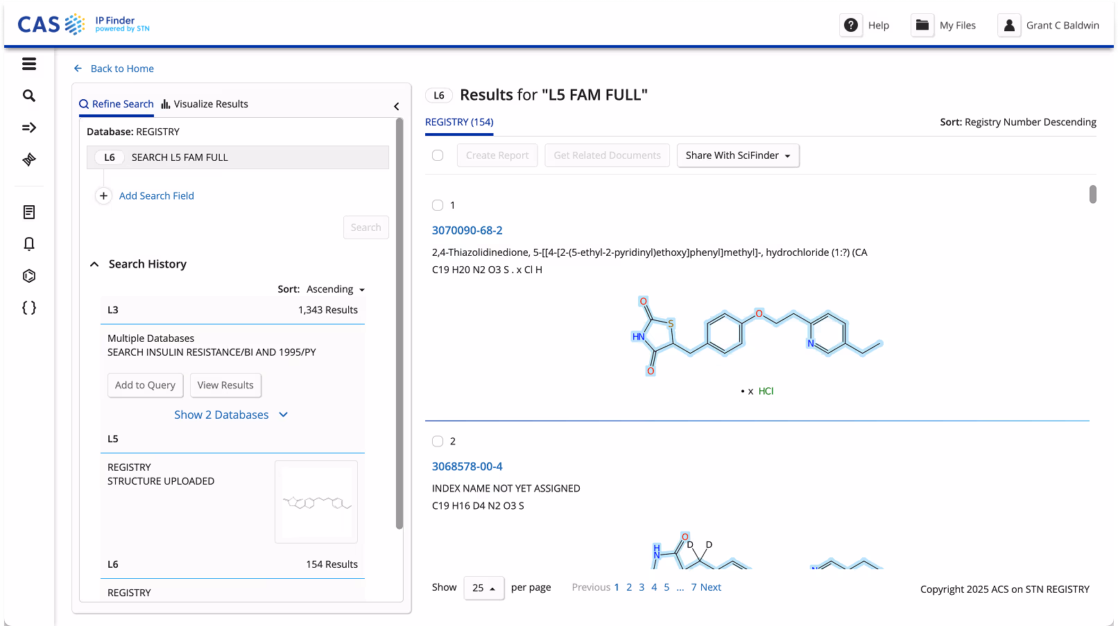 CAS IP Finder results viewer screen displaying structure search results.