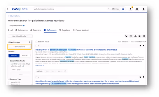 Screen showing search results for 'palladium catalyzed reactions' on CAS SciFinder with tabs for substances, reactions, references, suppliers, and patent markush.