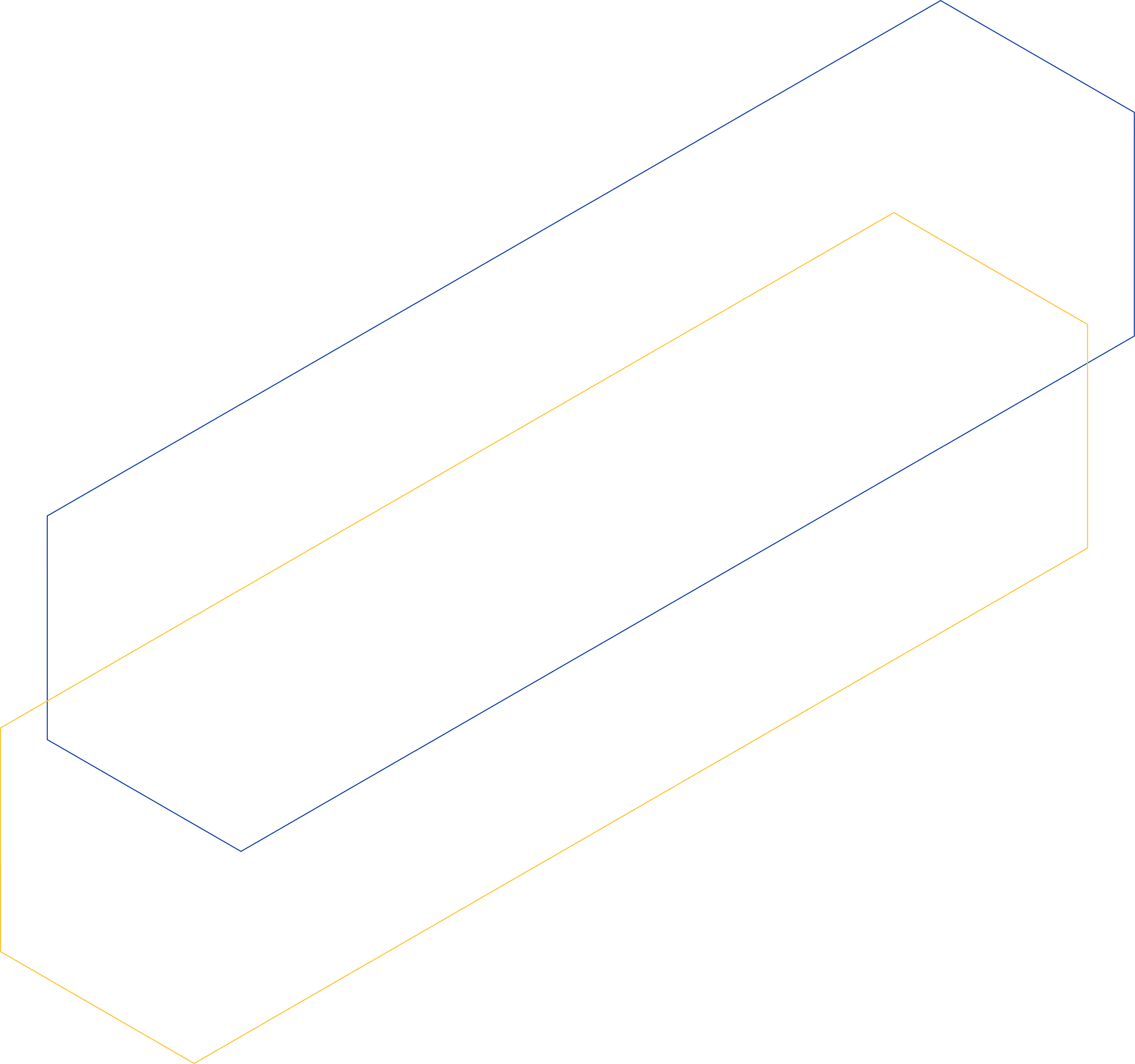 Overlapping transparent hexagonal outlines in blue and yellow on a black background.