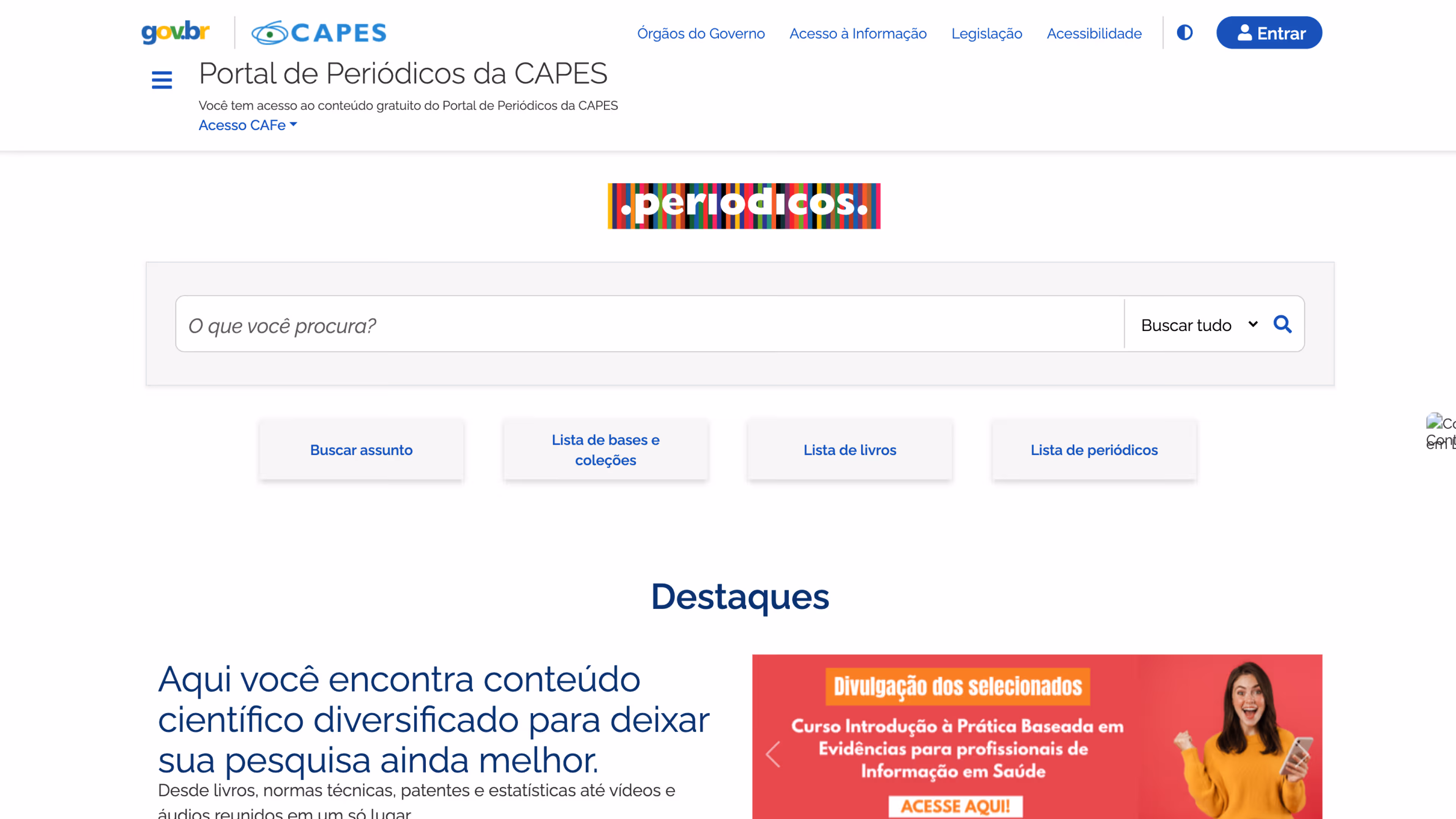 Homepage of CAPES Periodicals Portal showing search bar, navigation links, and highlighted scientific content resources in Portuguese.