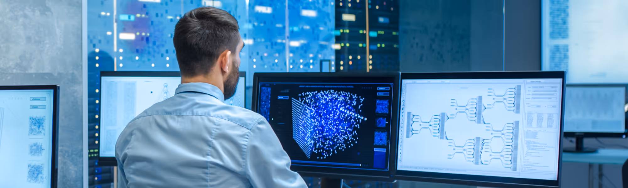 Researcher seated at a multi-monitor workstation analyzing 3D molecular and circuit-diagram visualizations