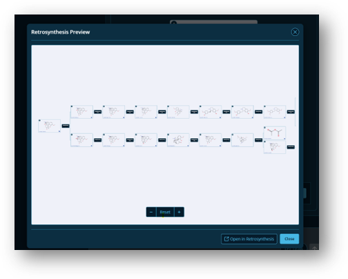 Retrosynthesis preview displaying a two-branch chemical reaction pathway with molecular structures and arrows.