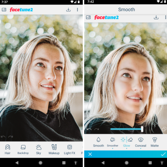 suavizar retoque piel mujer rubia usando app para eliminar imperfecciones