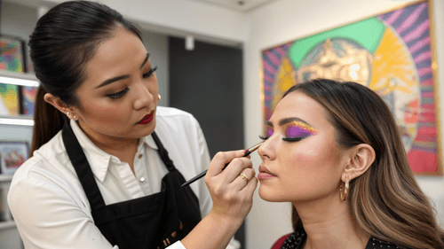 A makeup artist applying Facetune tips on customers