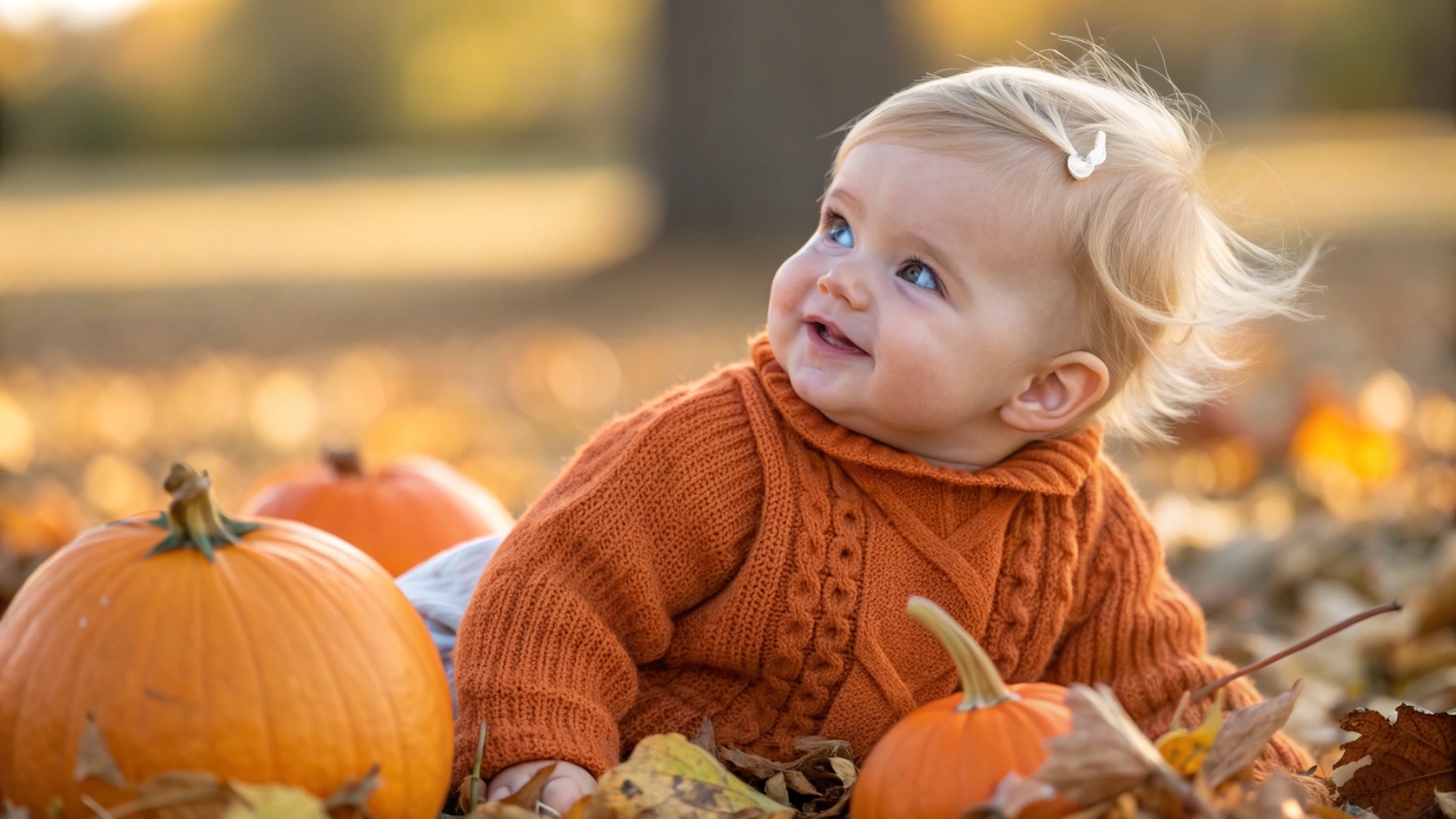 baby in autumn-themed setting with pumpkins