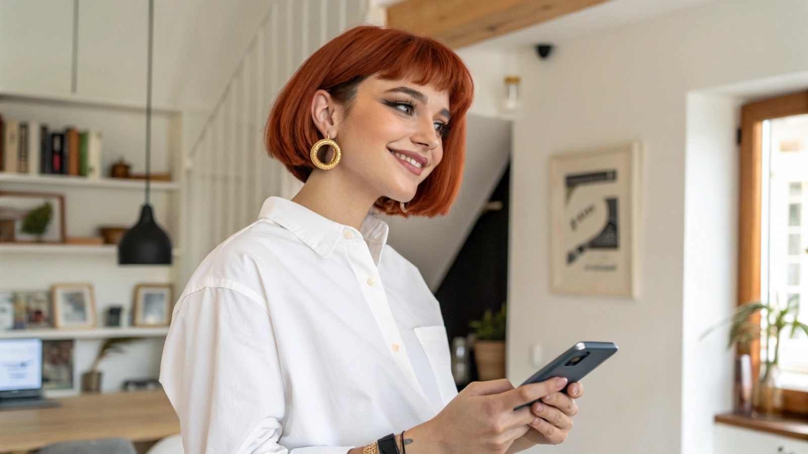 Woman trying on different long bob styles using Facetune