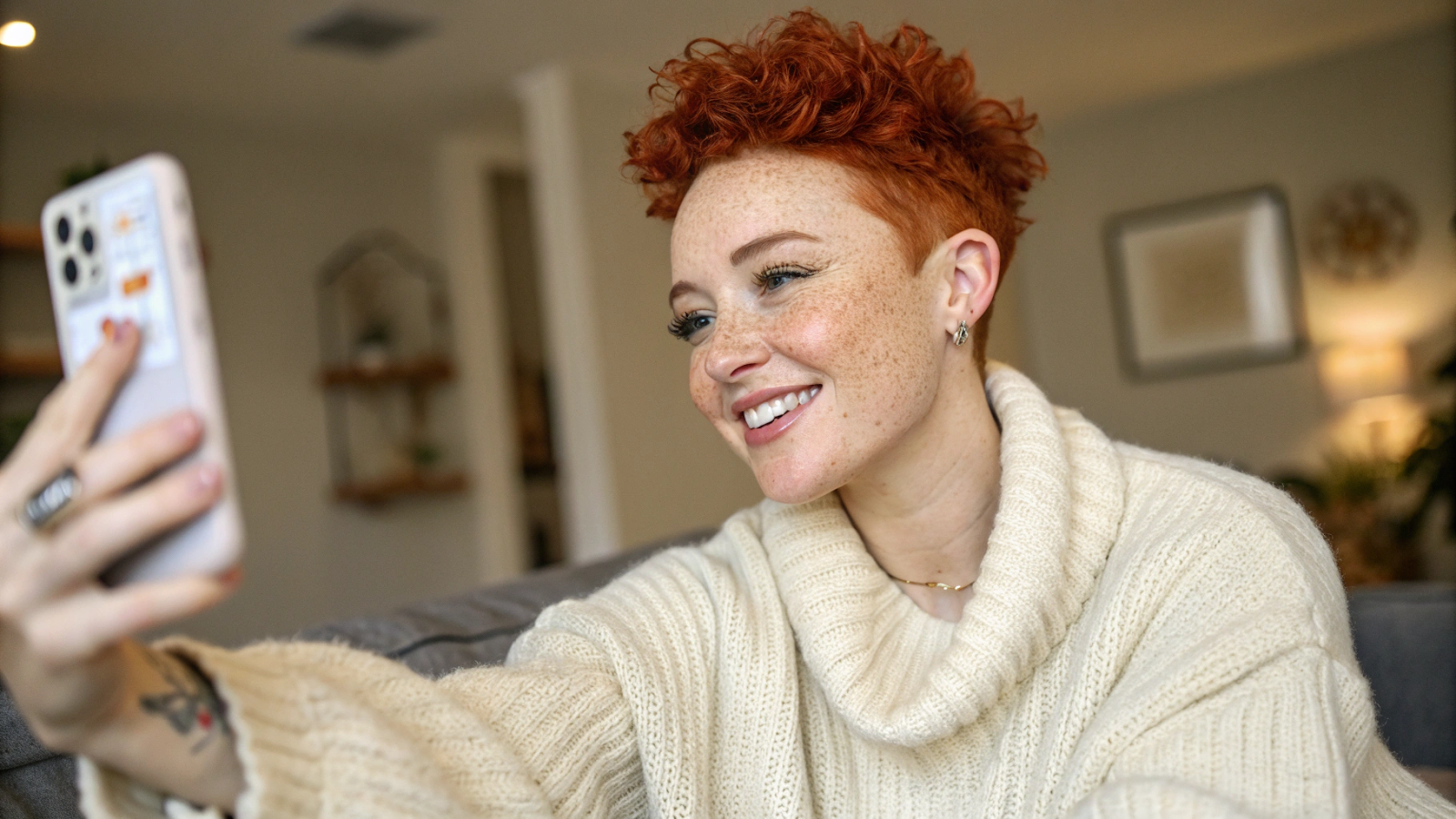 Woman with pixie cut using Facetune app on smartphone