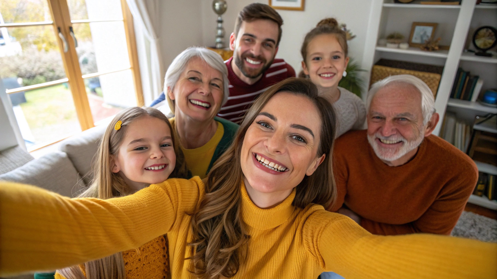 Family gathered around a smartphone, editing a group photo together