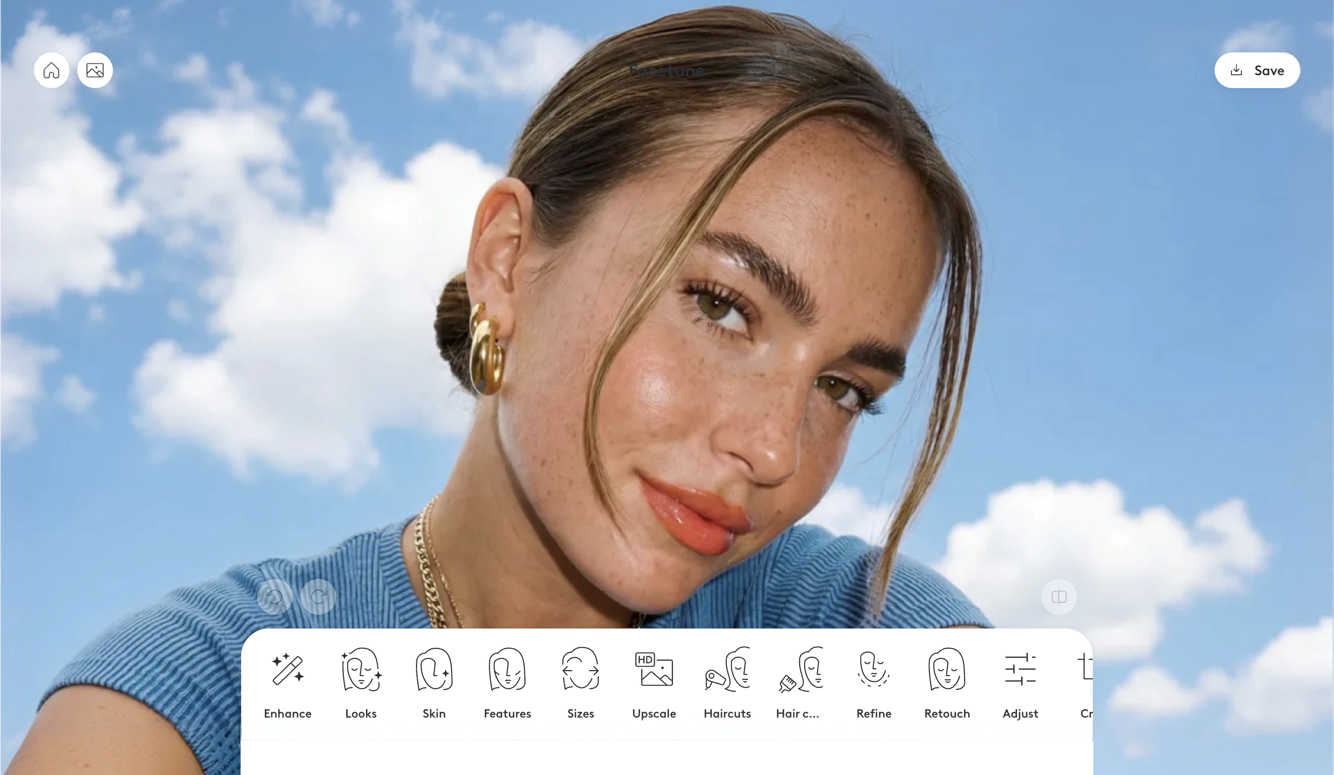 Facetune's online photo editor with a portrait open and the editing toolbar visible