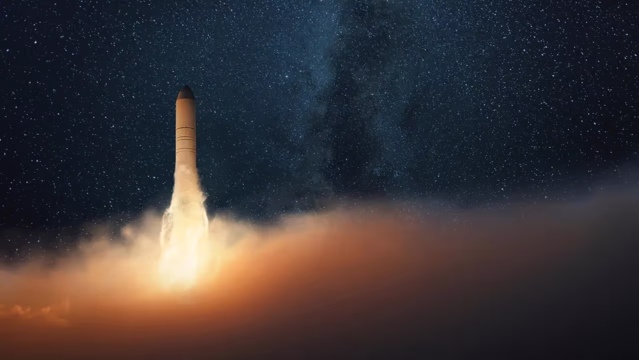Successful rocket take off into the starry sky with the milky way