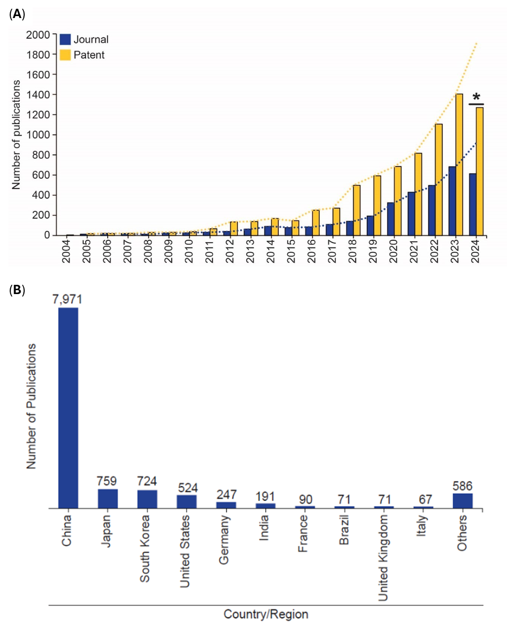 Graph showing a 2:1 patent-to-journal publication ratio in LIB recycling and a map of publication distribution from 2004 to 2024, with China, Japan, and South Korea leading.