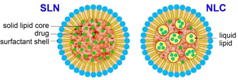 Schematic of solid lipid nanoparticles (SLNs) with a solid lipid core on the left and nanostructured lipid carriers (NLCs) pointing toward the liquid lipid on the right.