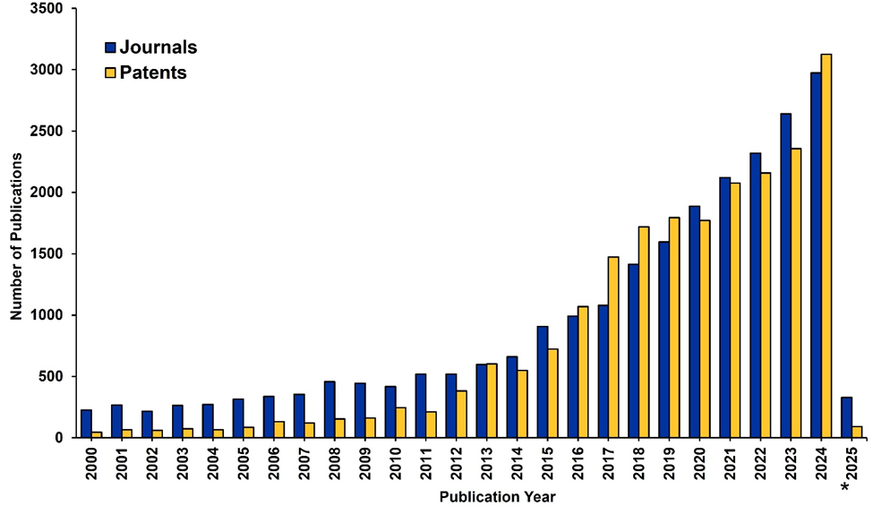Data includes journal and patent publications for the period 2000-2025.