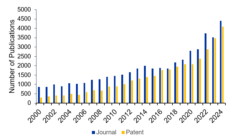 Number of publications (journal and patents) over time between 2000-2024 for the purification and separation of critical metals.