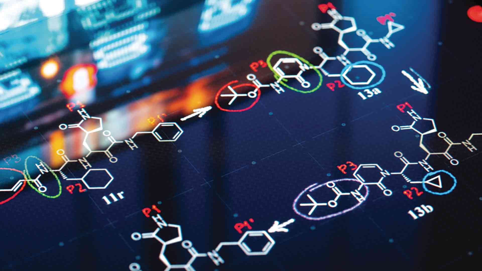 Chemical structures and molecular diagrams on a digital screen with highlighted sections in red, green, and blue circles