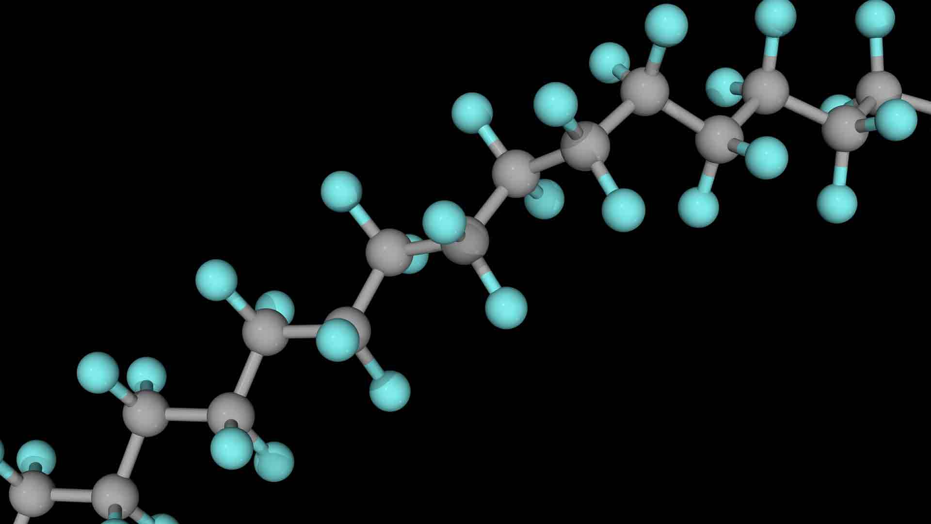 Polytetrafluoroethylene (PTFE), molecular model. Synthetic fluoropolymer of tetrafluoroethylene. 