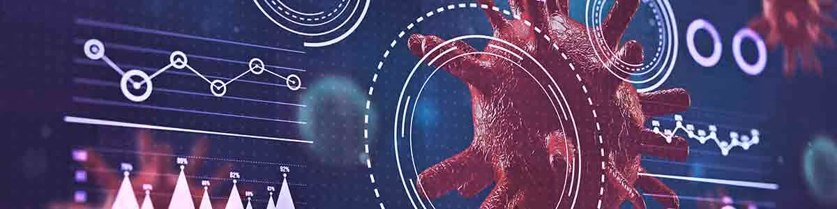 Digital medical interface showing a 3D rendered human heart in red overlaid with white data visualization elements including graphs, charts, circular diagrams, and connecting lines on a dark blue background.